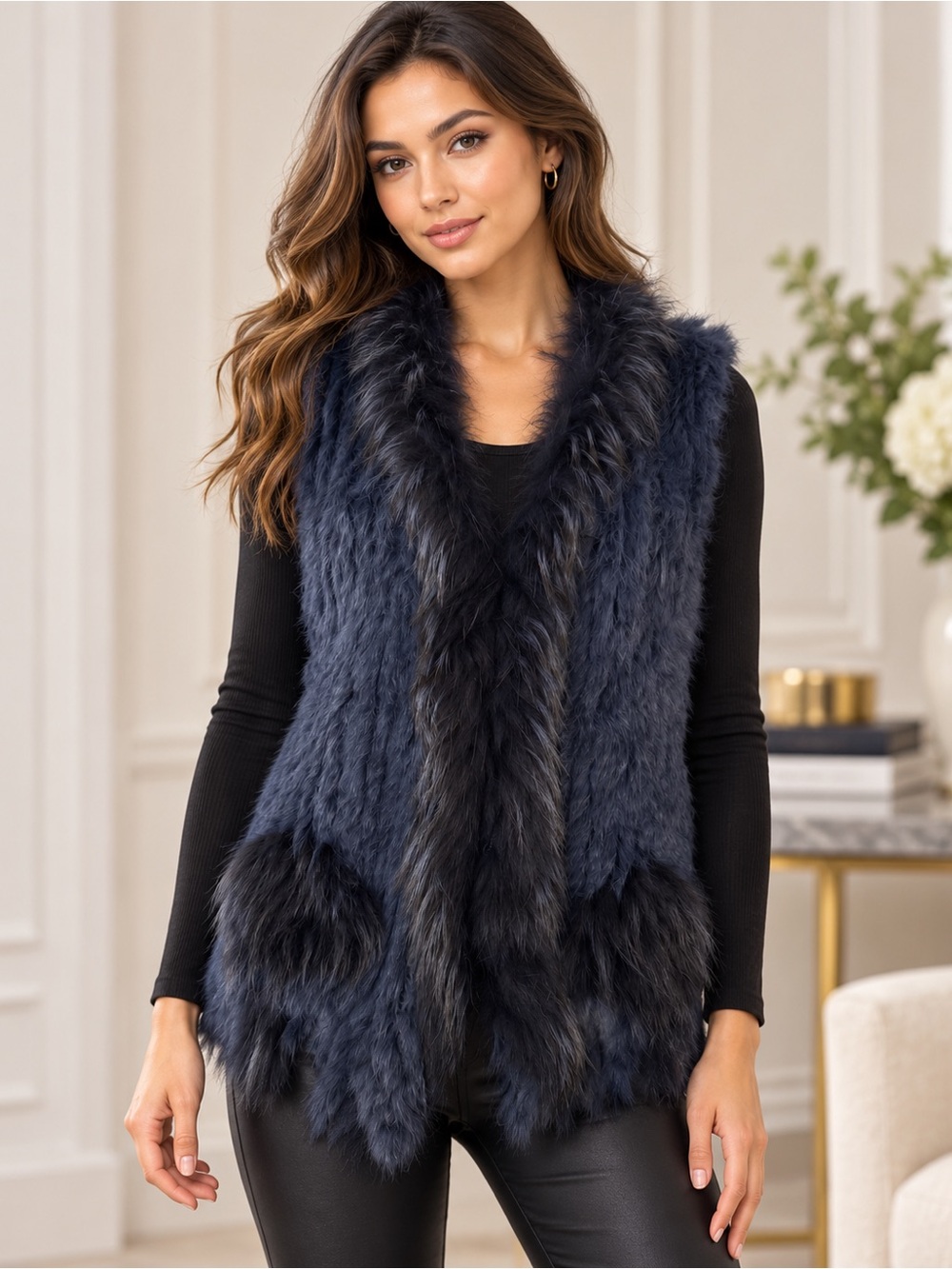 Gaby & Eden Genuine Rabbit Raccoon Fur Vest Navy Women’s M